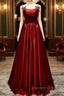 Wine Red Satin Straps Beaded Long Party Dresses, Wine Red A-Line Prom Dresses