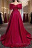 Wine Red Satin Sweetheart Long Evening Dresses, Wine Red Satin Prom Dresses