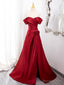 Wine Red Satin Sweetheart Off Shoulder Prom Dress, Wine Red Prom Dresses with Leg Slit