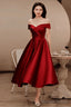 Wine Red Satin Tea Length Bridesmaid Dress Prom Dress, Burgundy Satin Homecoming Dresses