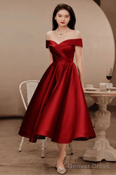 Wine Red Satin Tea Length Bridesmaid Dress Party Dress, Burgundy Satin Homecoming Dress