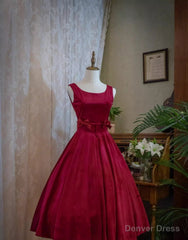 Wine Red Satin Tea Length Party Dress with Bow, Wine Red Wedding Party Dress