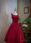 Wine Red Satin Tea Length Prom Dress with Bow, Wine Red Wedding Prom Dresses