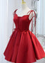 Wine Red Satin V Neckline Straps Beaded Short Prom Dress, Wine Red Prom Dresses
