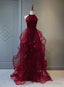 Wine Red Sequins and Tulle Halter Long Prom Dress, Wine Red Prom Dresses