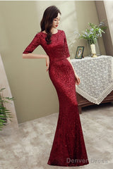 Wine Red Sequins Mermaid Long Evening Dress Party Dress, Dark Red Sequins Bridesmaid Dress