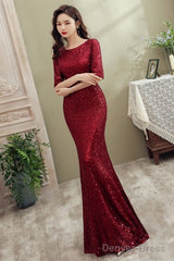 Wine Red Sequins Mermaid Long Evening Dress Party Dress, Dark Red Sequins Bridesmaid Dress