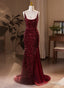 Wine Red Sequins Mermaid Long Prom Dress, Wine Red Prom Dress