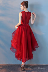 Wine Red Sequins Tulle High Low Round Neckline Party Dresses, Dark Red Homecoming Dresses