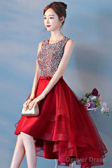 Wine Red Sequins Tulle High Low Round Neckline Party Dresses, Dark Red Homecoming Dresses