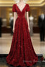 Wine Red Sequins V Neckline Short Sleeves Prom Dress, Wine Red Prom Dresses