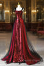 Wine Red Sequins With Black Tulle Straps Long Party Dresses, Wine Red Sequins Prom Dresses