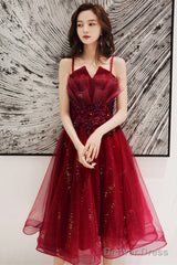 Wine Red Shiny Tulle Straps Short Homecoming Dress, Wine Red Tulle Short Prom Dress