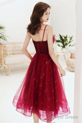 Wine Red Shiny Tulle Straps Short Homecoming Dress, Wine Red Tulle Short Prom Dress