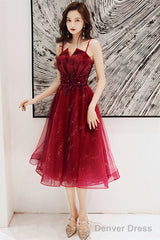 Wine Red Shiny Tulle Straps Short Homecoming Dress, Wine Red Tulle Short Prom Dress