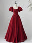 Wine Red Short Sleeves A Line Floor Length Prom Dress, Long Prom Dresses