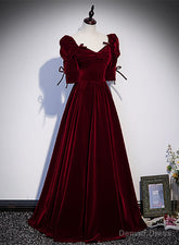 Wine Red Short Sleeves A-line Long Party Dress, Wine Red Bridesmaid Dress