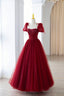 Wine Red Short Sleeves Beaded Long Prom Dress, Wine Red Sweetheart Prom Dresses