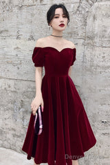 Wine Red Short Velvet Evening Dresses, Off Shoulder Prom Dresses Bridesmaid Dress