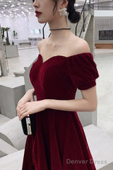 Wine Red Short Velvet Evening Dresses, Off Shoulder Prom Dresses Bridesmaid Dress