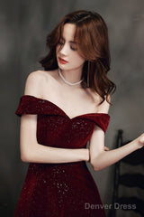 Wine Red Simple Velvet Off Shoulder Prom Dress, Wine Red Wedding Party Dress