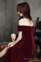 Wine Red Simple Velvet Off Shoulder Prom Dress, Wine Red Wedding Party Dress