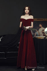 Wine Red Simple Velvet Off Shoulder Prom Dress, Wine Red Wedding Party Dress