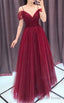 Wine Red Straps Off Shoulder A-Line Tulle Evening Dress Party Dress, Dark Red Prom Dress Formal Gown