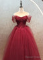 Wine Red Sweetheart Beaded Off Shoulder Prom Dress, Wine Red Tulle Prom Dresses