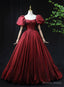 Wine Red Taffeta Short Sleeves Long Prom Dress, Wine Red Prom Dress