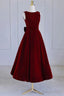 Wine Red Tea Length Velvet Prom Dress with Bow, Burgundy Wedding Prom Dresses