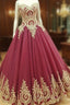 Wine Red Tulle Ball Gown Wedding Dresses Gold Lace Appliques