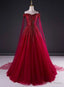 Wine Red Tulle Beaded Tulle Sparkle Long Prom Dresses, Dark Red Sweet 16 Gowns