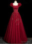 Wine Red Tulle Short Sleeves Beaded Prom Dress, A Line Wine Red Prom Dresses
