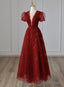 Wine Red Tulle Short Sleeves Long Prom Dress Wine Red Prom Gowns prom Dresses shops