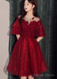 Wine Red Tulle With Lace High Neckline Homecoming Dress, Wine Red Short Prom Dresses