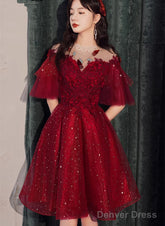 Wine Red Tulle With Lace High Neckline Homecoming Dress, Wine Red Short Prom Dress