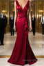 Wine Red V-Neckline Mermaid Long Party Dresses With Leg Slit, Wine Red Prom Dresses