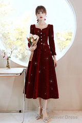 Wine Red Velvet Elegant Tea Length Bridesmaid Dress, Wine Red Homecoming Dress