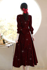 Wine Red Velvet Elegant Tea Length Bridesmaid Dress, Wine Red Homecoming Dress
