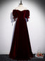 Wine Red Velvet Floor Length Short Sleeves Prom Dress, A Line Wine Red Bridesmaid Dresses