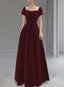 Wine Red Velvet Floor Length Wedding Prom Dress, Short Sleeves Prom Dresses