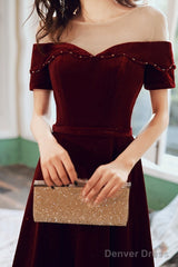 Wine Red Velvet Long A-Line Bridesmaid Dress, Wine Red Prom Dresses