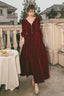 Wine Red Velvet Long Sleeves Prom Dress, Wine Red V-Neckline Prom Dress
