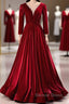 Wine Red Velvet Long Sleeves See Through Prom Dresses, Wine Red Wedding Party Dresses