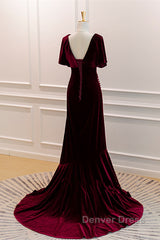 Wine Red Velvet Long Wedding Party Dresses With Leg Slit, Wine Red Formal Dresses