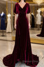 Wine Red Velvet Long Wedding Prom Dress With Leg Slit, Wine Red Prom Dresses