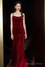 Wine Red Velvet Mermaid Straps Long Prom Dress , Burgundy Bridesmaid Dresses