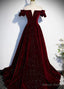 Wine Red Velvet Off Shoulder Long Prom Gowns, Wine Red Prom Dresses