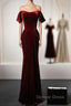 Wine Red Velvet Off Shoulder Long Mermaid Prom Dresses, Wine Red Velvet Eveing Dresses